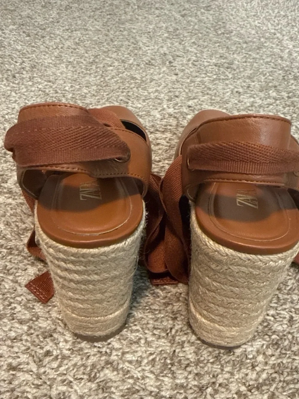 Zara Tan Leather Espadrille Wedge with Ankle Tie